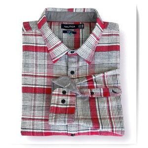 NAUTICA Flannel Plaid Oxford Button-Up Mens Shirt Slim Fit Long Sleeve Red/Gray